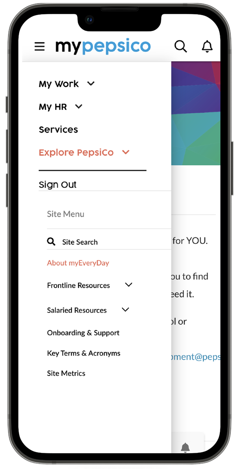 myEveryDay navigation menu before redesign, mobile view